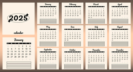 Complete set of 12 beautifully designed calendar pages for 2025. Each week begins on Sunday. Ideal for planners, desk calendars, wall calendars, print media, advertisements, and office stationery