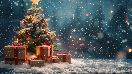 Christmas Tree and Presents Under Snowy Night