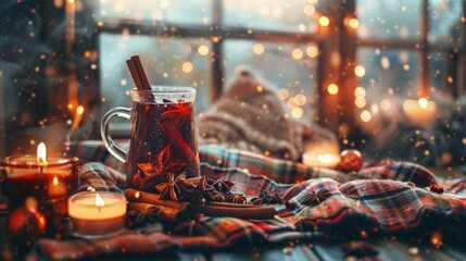 A glass of warm spiced drink with cinnamon sticks and star anise, sitting on a plaid blanket by a window with twinkling lights