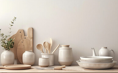 Minimalist Kitchen Still Life with Wooden Utensils and Ceramic Vases.