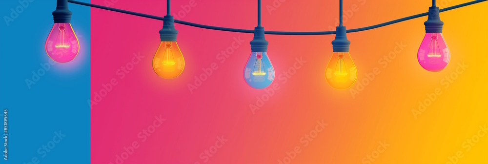 Wall mural Colorful string lights with a gradient background, perfect for festive and party decoration - Wall murals