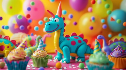 Naklejka premium A vibrant 3D-rendered scene featuring a cheerful dinosaur among colorful party decorations and cupcakes