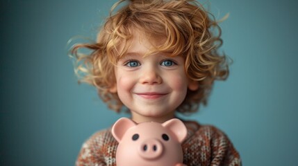 Fototapeta premium handsome Caucasian boy portrait 5-7 years old holding a piggy bank ea in his hands against a blue studio background
