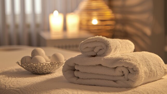 A warm and inviting spa setting featuring soft towels, elegant candles, and spa eggs suggesting relaxation