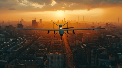 a combat unmanned aerial vehicle flies over a big city. a military drone flies in the sky during the day over houses