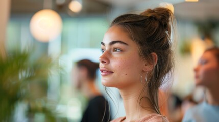 A cropped image of a woman from the back, focused on her hair updo, with a blurred indoor background
