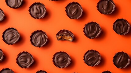 An overhead shot of uniformly placed peanut butter chocolate cups against a vibrant orange background