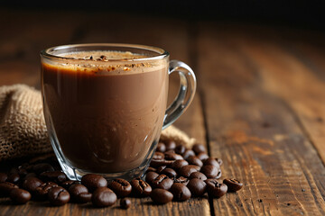 A mug of coffee with a wooden table and a napkin