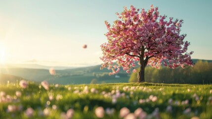 Naklejka premium Picturesque cherry tree in a sunny meadow, with pink blossoms contrasting against the green grass and a clear sky