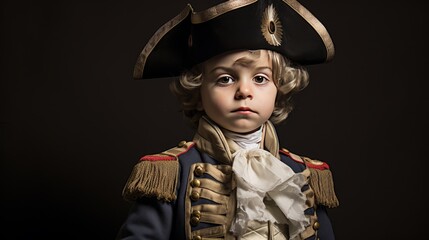 Young boy dressed as a historical military figure, wearing a period uniform with a tricorn hat, looking serious against a dark background.