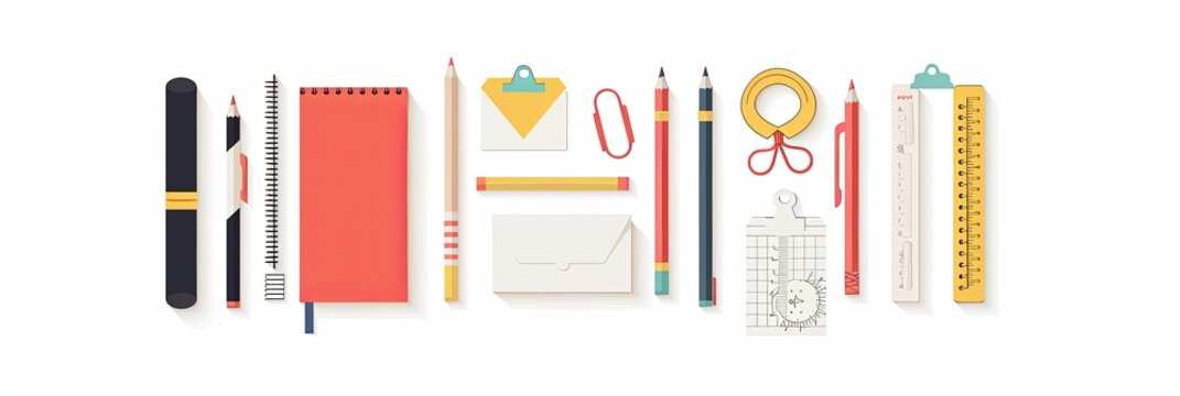 Set minimalist school stationery items isolated white background, notebook, pencils, pens, ruler