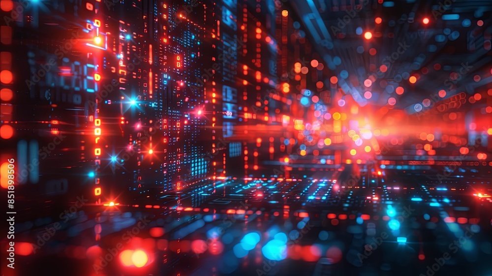 Wall mural a high-tech background of cascading digital code and glowing symbols in a cyberpunk aesthetic
