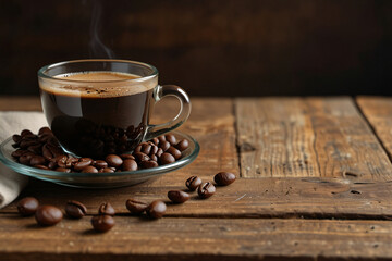 A mug of coffee with a wooden table and a napkin