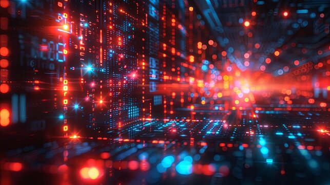 A high-tech background of cascading digital code and glowing symbols in a cyberpunk aesthetic