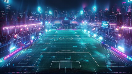 Rugby field in the middle of City. Futuristic with neon lights. Aerial high view. Generative AI.