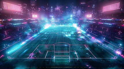 Rugby field in the middle of City. Futuristic with neon lights. Aerial high view. Generative AI.