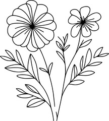 This is an illustration of flowers in a simple and modern line art style. The image features various types of flowers with different shapes and sizes, each with unique petal and leaf details.