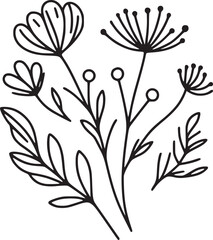 This is an illustration of flowers in a simple and modern line art style. The image features various types of flowers with different shapes and sizes, each with unique petal and leaf details.