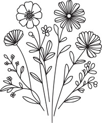 This is an illustration of flowers in a simple and modern line art style. The image features various types of flowers with different shapes and sizes, each with unique petal and leaf details.
