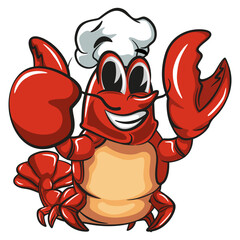 cute lobster vector mascot illustration logo giving thumbs up in chef hat, work of hand drawn