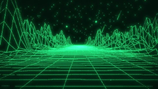 Retro-Futuristic pixelate Monitor synthwave style. Retro CCTV or VHS pixel Wireframe. Abstract digital background. 80s, 90s Retro futurism, Retro wave cyberpunk grid matrix style. Retro game landscape
