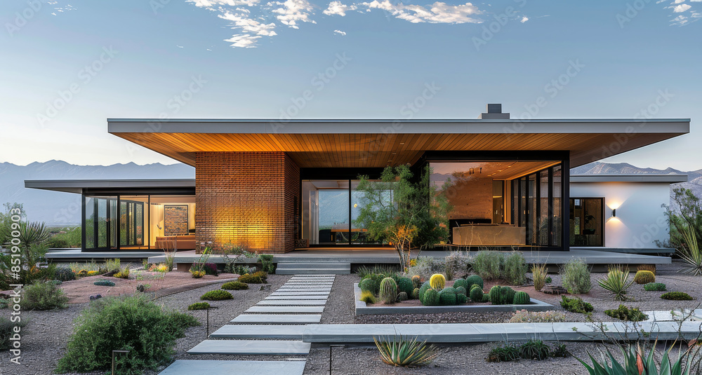 Poster a single story modern home with brick cladding, loosely inspired by desert architecture. generative 