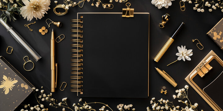 Quaderno ad anelli su sfondo nero. Spazio per messaggio.