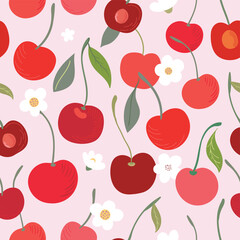 Summer seamless pattern with cherries and flowers, fresh fruits background, vector