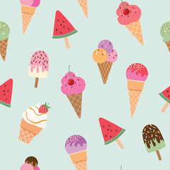 Summer seamless pattern with different ice cream, decorative wallpaper