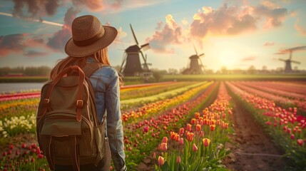 Fototapeta premium Back view of a female traveler with backpack stand with beautiful colorful tulip field and traditional windmill in country side.