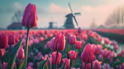 Beautiful colorful tulip field and traditional windmill in country side.