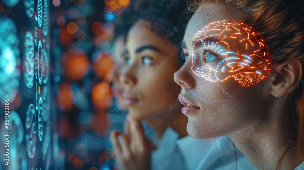 Aufkleber a diverse group of people looking at a futuristic brainwave graphic on a screen, symbolizing curiosi