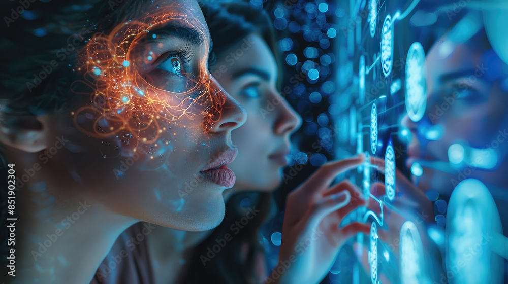 Aufkleber a diverse group of people looking at a futuristic brainwave graphic on a screen, symbolizing curiosi