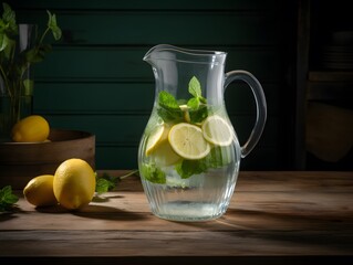 Fototapeta premium Fruit water in a glass pitcher flavored with lemon, lime, cucumber, and mint 