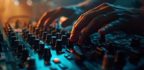 Hands adjusting the volume on a DJ mixer