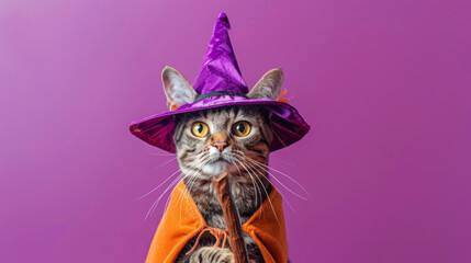 A tabby cat wearing a witchs hat and cape looks directly at the camera