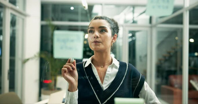 Glass, planning and thinking with business woman in office for brainstorming, mindmap or workflow. Idea, solution or strategy and design employee in workplace with transparent wall or moodboard