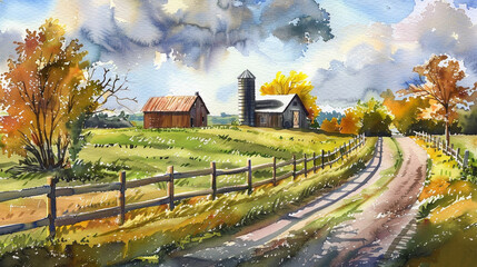 Beautiful watercolor painting of rural scenic view with farm house