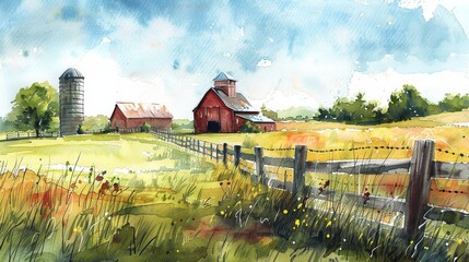 Beautiful watercolor painting of rural scenic view with farm house