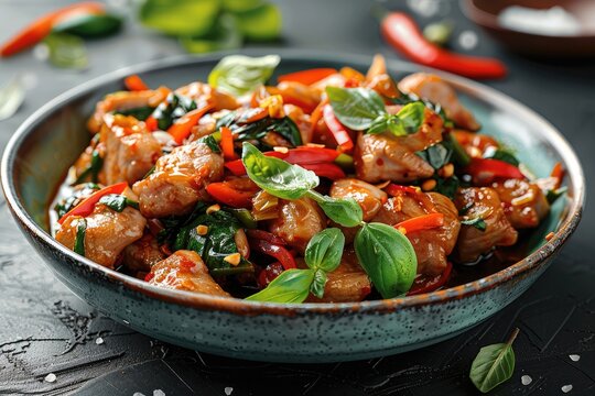 Thai pad ka prao, Stir fry pork with holy basil, rustic table, plain background. Generative AI.