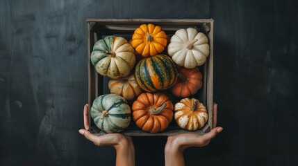 Hands holding a crate box of pumpkins in Autumn farm