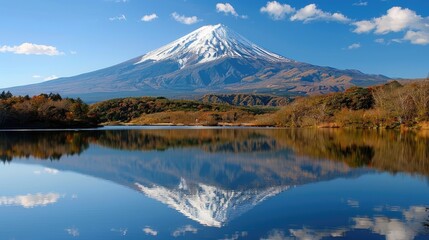 A serene mountain lake reflecting the snow-capped peak of Mount Fuji under a bright blue sky.