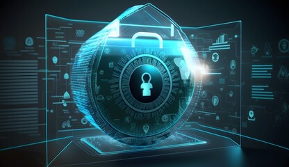 Cyber security and online data protection on internet. Cybersecurity, privacy, network technology. Encrypted data, holographic secure access system interface with lock icon.