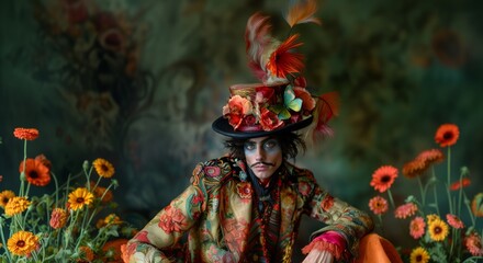 Fototapeta premium Elaborate floral hat and colorful outfit