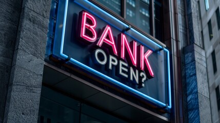 Obraz premium Modern bank building with glass facade and neon 