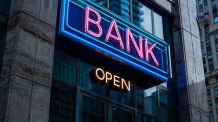 Obraz premium Modern bank building with glass facade and neon 
