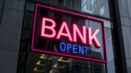 Obraz premium Modern bank building with glass facade and neon 