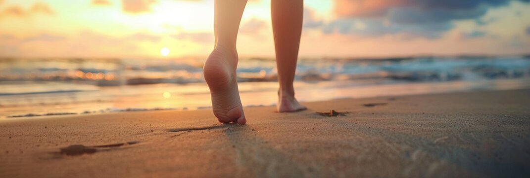 Low angle view of bare feet of a female walking on sandy beach at sunset