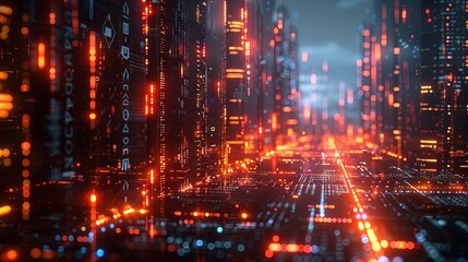 A high-tech background of cascading digital code and glowing symbols in a cyberpunk aesthetic