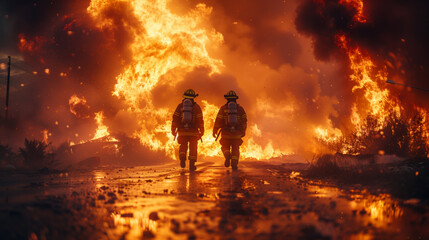 Fototapeta premium Firefighters facing large fire